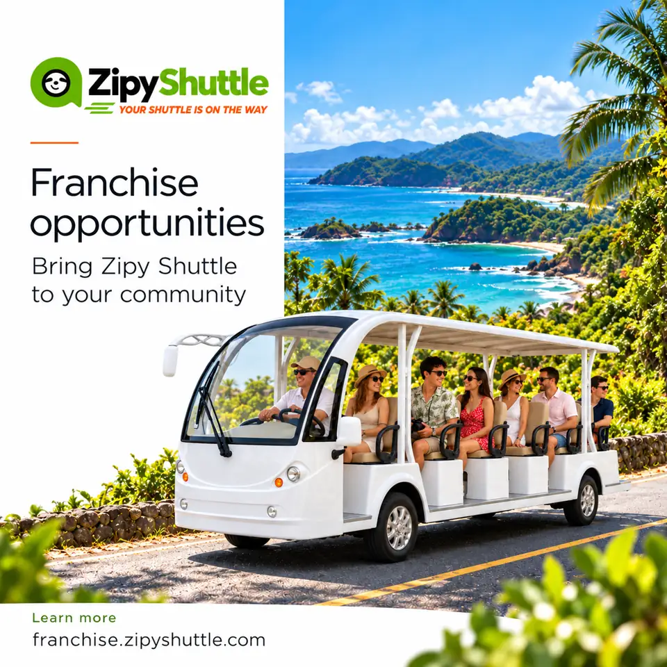 Zipy Shuttle franchise graphic: a white shuttle on a Costa Rica coast road